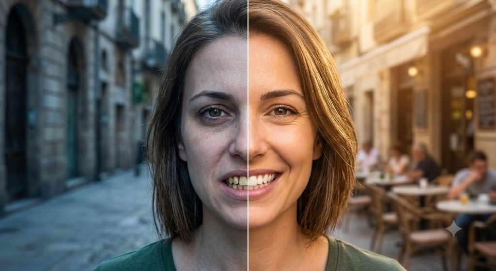 Visage avant et après une réhabilitation du sourire, impact psychologique d'un sourire retrouvé