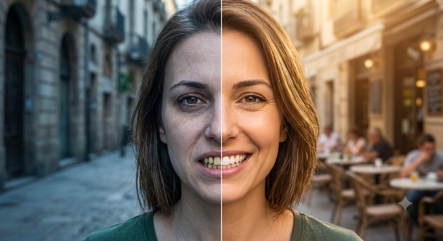 Visage avant et après une réhabilitation du sourire, impact psychologique d'un sourire retrouvé