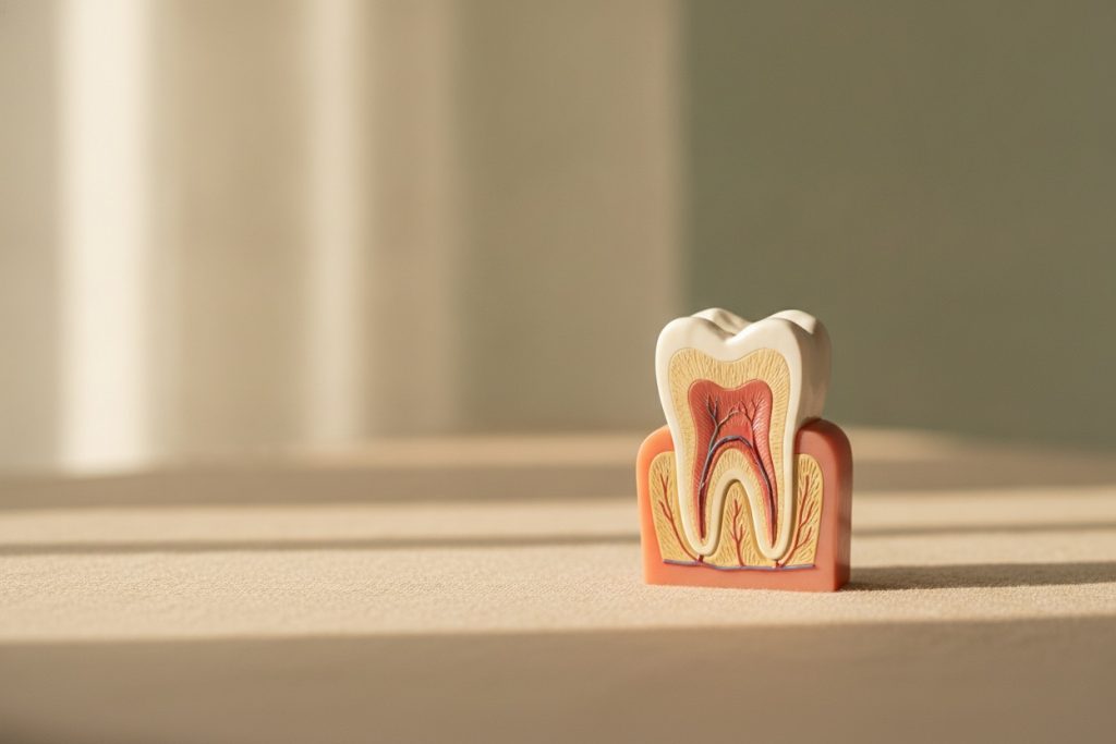 Modèle anatomique d'une dent en coupe illustrant la préservation de la vitalité dentaire grâce à la Biodentine