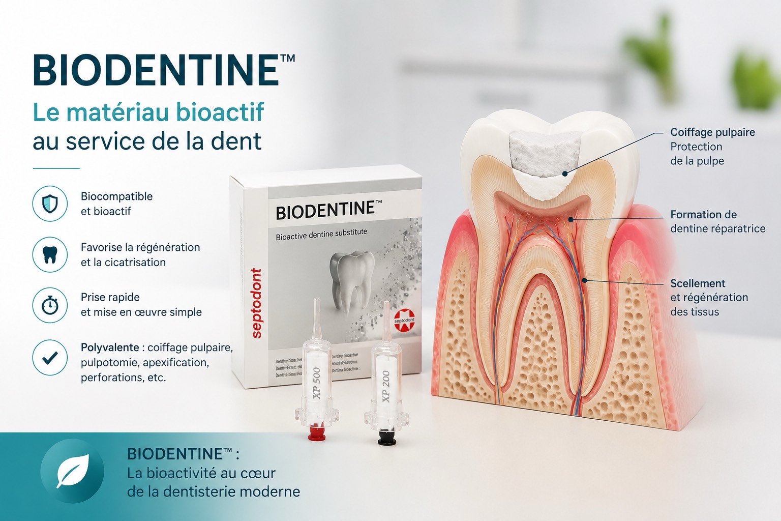 Infographie Biodentine : le matériau bioactif au service de la dent — coiffage pulpaire, formation de dentine réparatrice, scellement et régénération des tissus