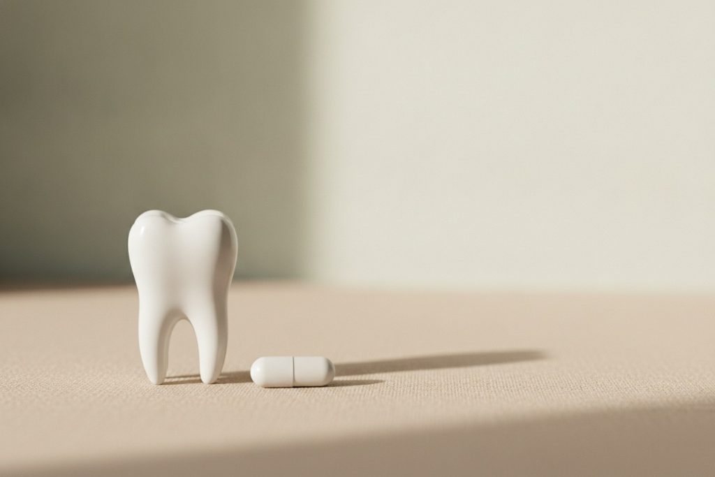 Modèle de dent saine et capsule illustrant les questions fréquentes sur la Biodentine