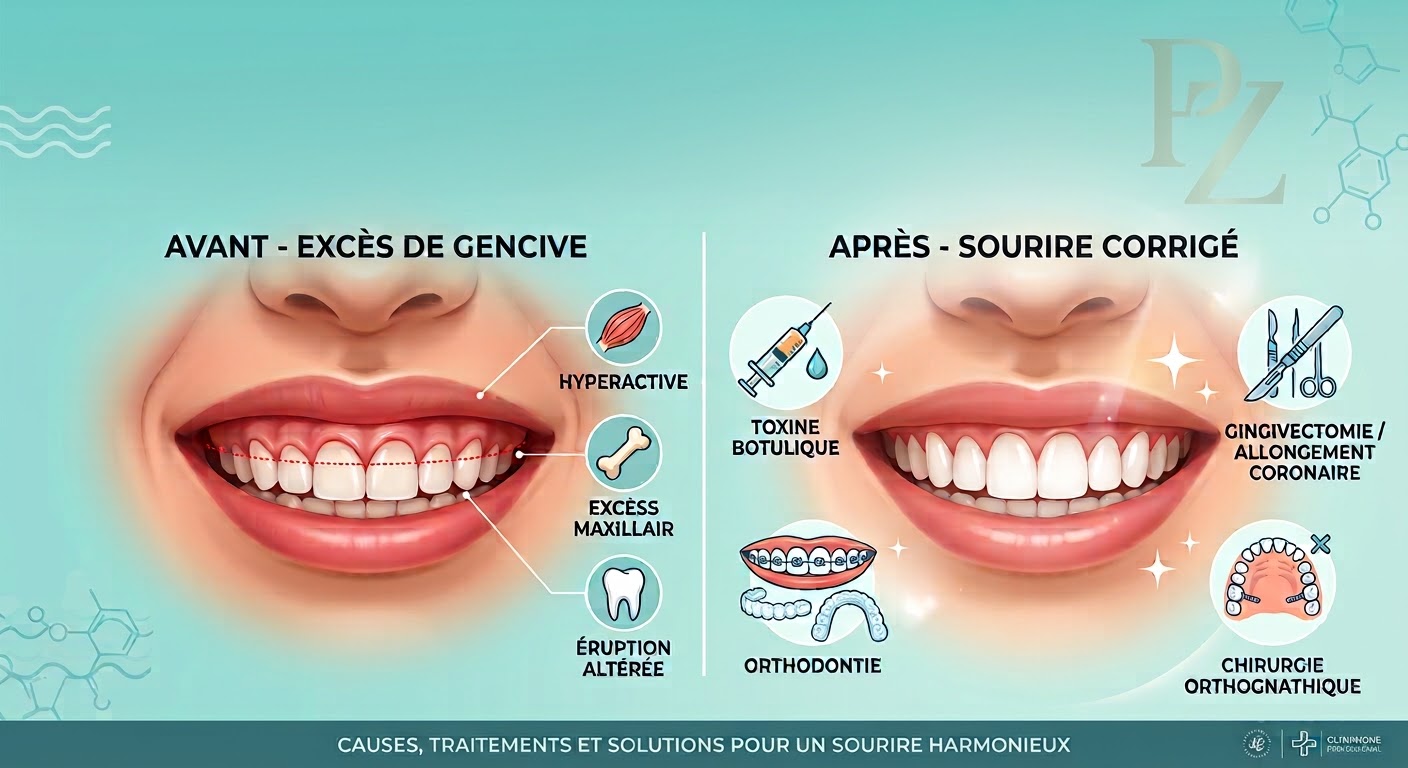 Sourire gingival : causes (excès de gencive, lèvre hyperactive, excès maxillaire) et traitements (gingivectomie, toxine botulique, orthodontie, chirurgie orthognathique)